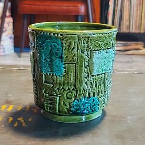 Napcoware Vintage Brutalist Patchwork Ceramic Planter Green Turquoise C-8075 4x4